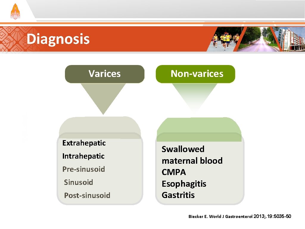 Diagnosis Varices Extrahepatic Intrahepatic Pre-sinusoid Sinusoid Post-sinusoid Non-varices Swallowed maternal blood CMPA Esophagitis Gastritis Diagnosis Varices Extrahepatic Intrahepatic Pre-sinusoid Sinusoid Post-sinusoid Non-varices Swallowed maternal blood CMPA Esophagitis Gastritis