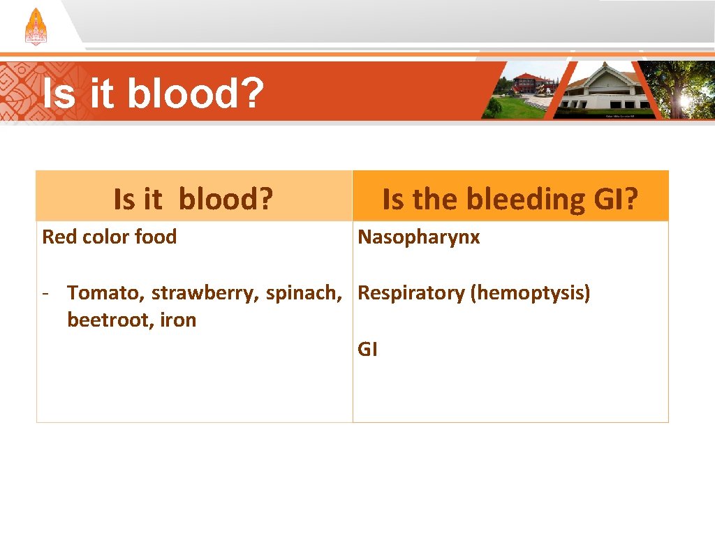 Is it blood? Red color food Is the bleeding GI? Nasopharynx - Tomato, strawberry, Is it blood? Red color food Is the bleeding GI? Nasopharynx - Tomato, strawberry,