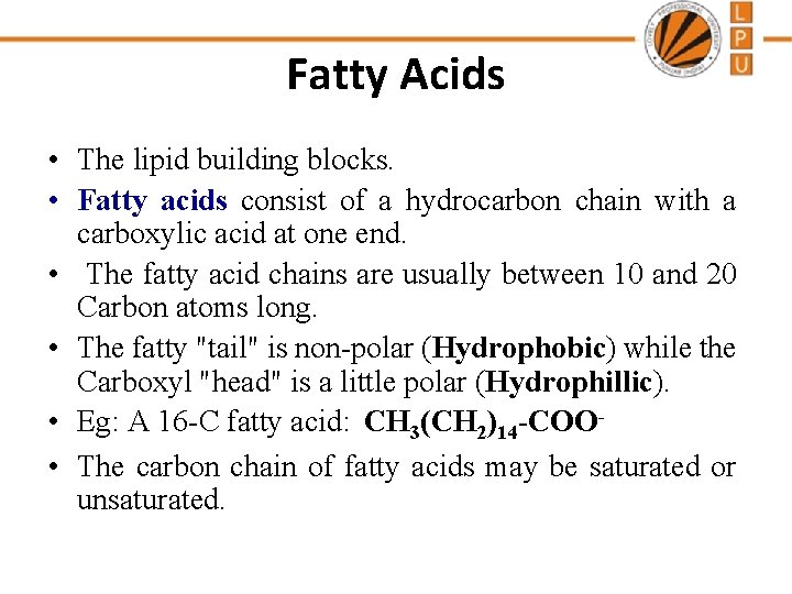 Fatty Acids • The lipid building blocks. • Fatty acids consist of a hydrocarbon