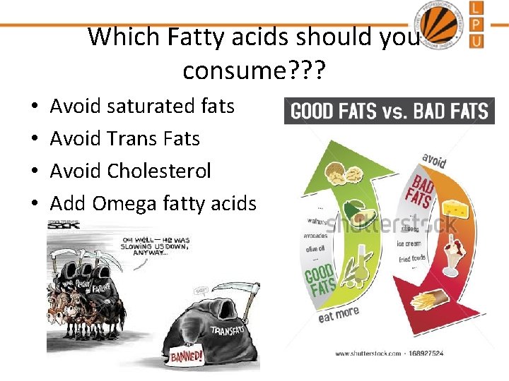 Which Fatty acids should you consume? ? ? • • Avoid saturated fats Avoid