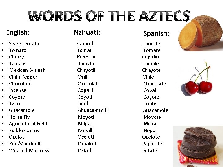 WORDS OF THE AZTECS English: • • • • • Nahuatl: Spanish: Sweet Potato