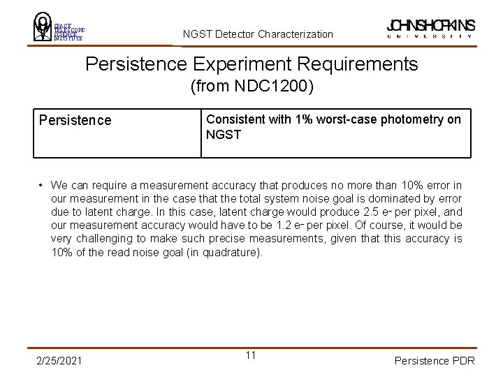 SPACE TELESCOPE SCIENCE INSTITUTE NGST Detector Characterization Persistence Experiment Requirements (from NDC 1200) Persistence