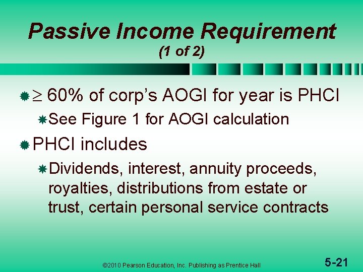 Passive Income Requirement (1 of 2) ® 60% of corp’s AOGI for year is