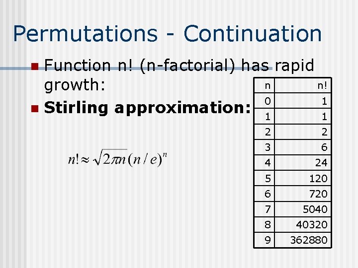 Permutations - Continuation Function n! (n-factorial) has rapid n n! growth: 0 1 n