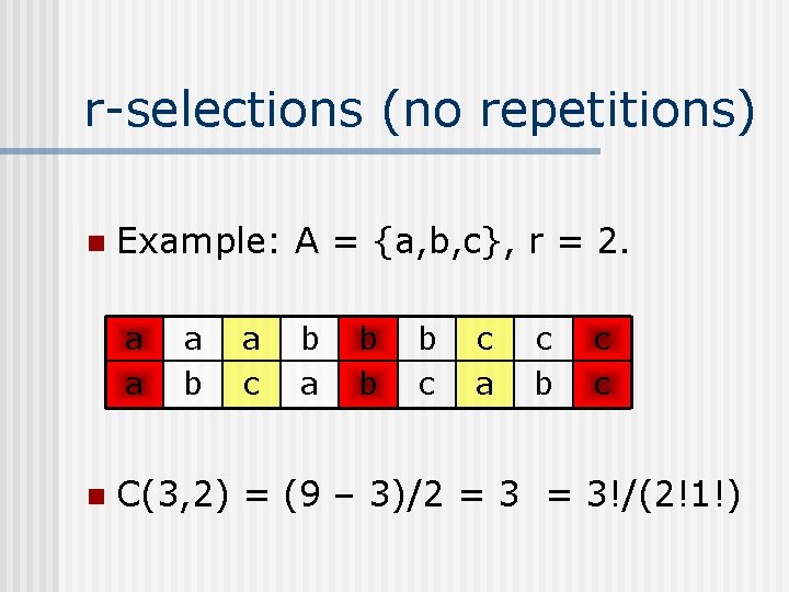 r-selections (no repetitions) n Example: A = {a, b, c}, r = 2. a