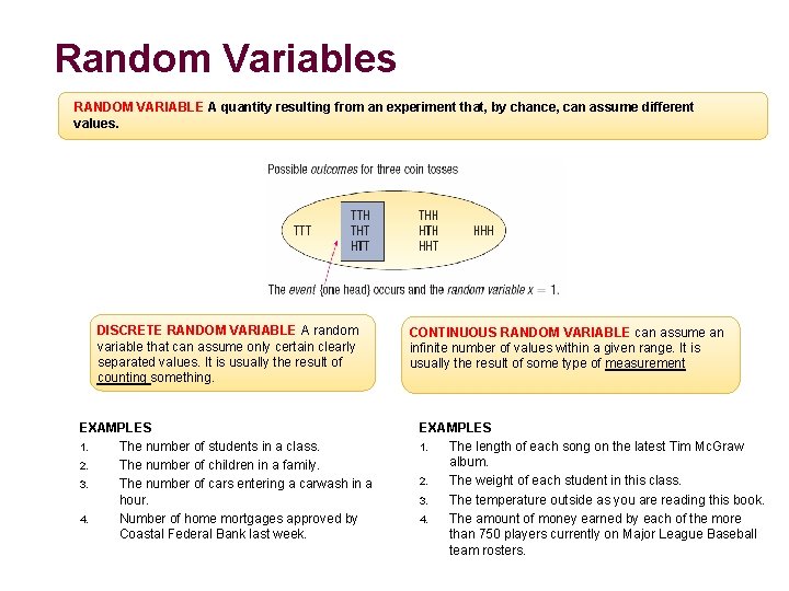 Random Variables RANDOM VARIABLE A quantity resulting from an experiment that, by chance, can