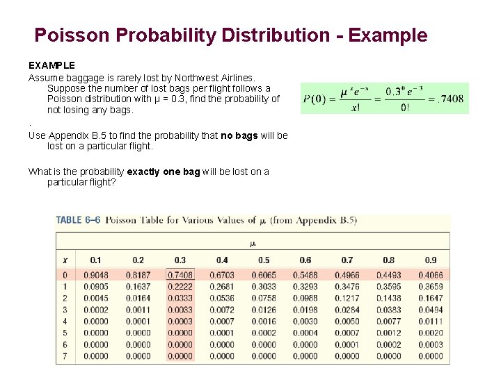 Poisson Probability Distribution - Example EXAMPLE Assume baggage is rarely lost by Northwest Airlines.