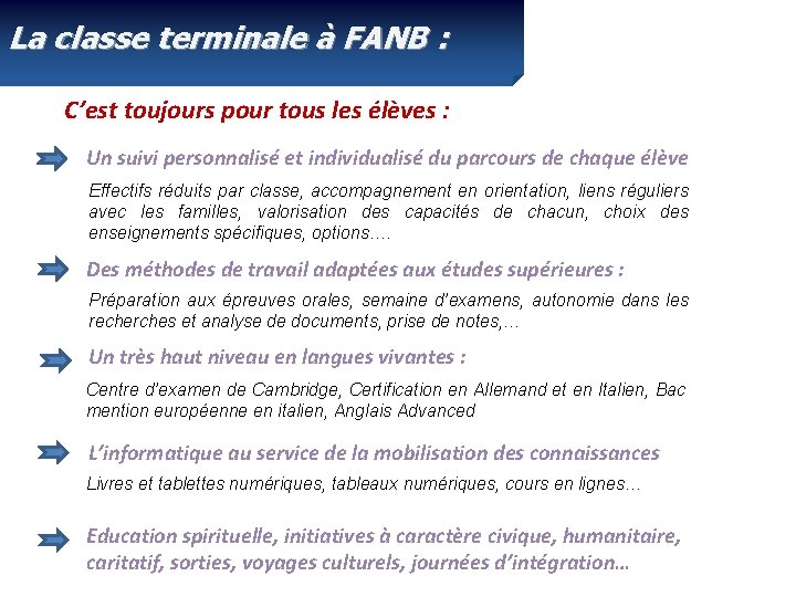 La classe terminale à FANB : C’est toujours pour tous les élèves : Un