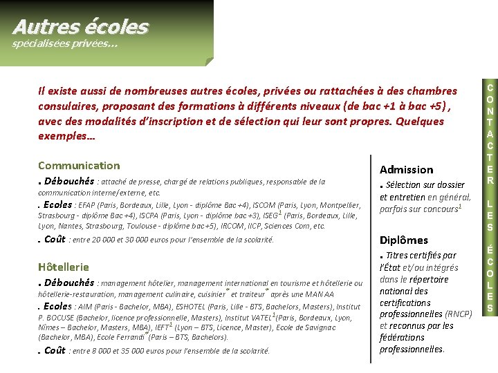 Autres écoles spécialisées privées… Il existe aussi de nombreuses autres écoles, privées ou rattachées