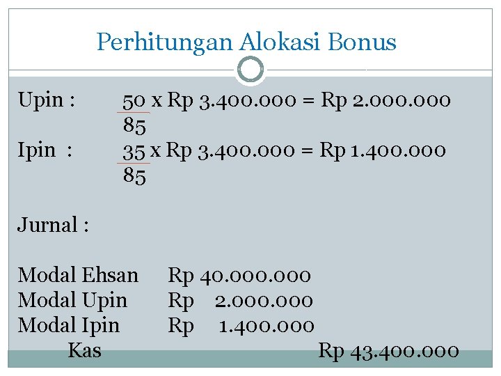 Perhitungan Alokasi Bonus Upin : Ipin : 50 x Rp 3. 400. 000 =