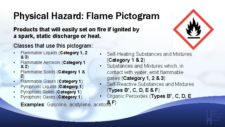 Physical Hazard: Flame Pictogram Products that will easily set on fire if ignited by