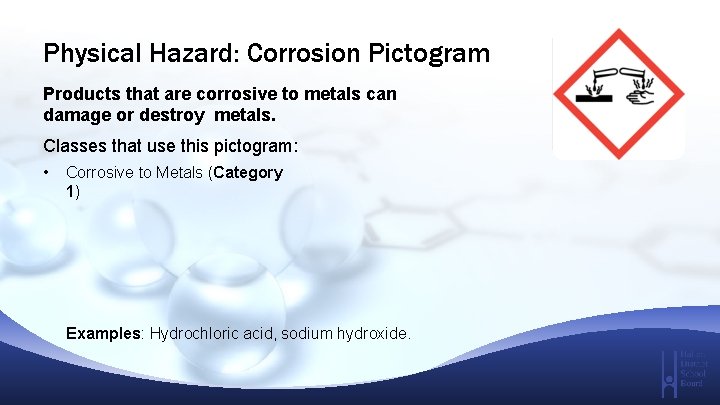 Physical Hazard: Corrosion Pictogram Products that are corrosive to metals can damage or destroy