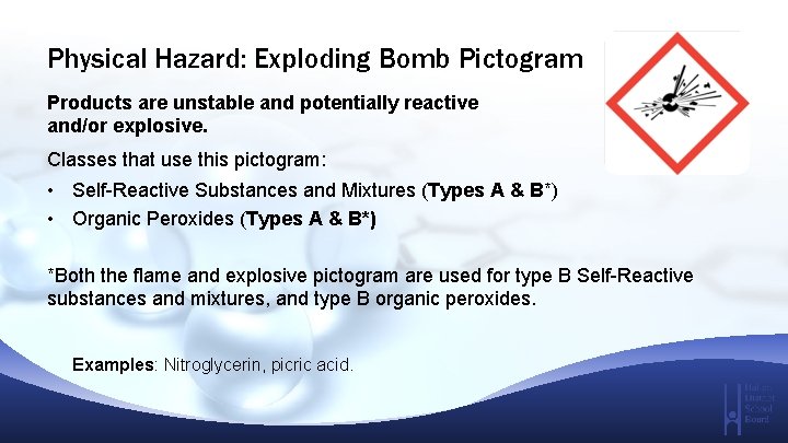 Physical Hazard: Exploding Bomb Pictogram Products are unstable and potentially reactive and/or explosive. Classes