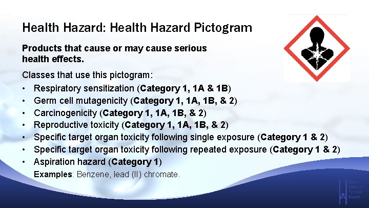 Health Hazard: Health Hazard Pictogram Products that cause or may cause serious health effects.