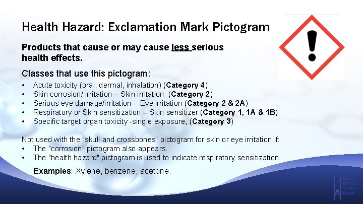 Health Hazard: Exclamation Mark Pictogram Products that cause or may cause less serious health