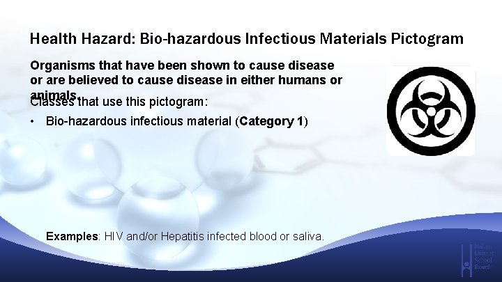 Health Hazard: Bio-hazardous Infectious Materials Pictogram Organisms that have been shown to cause disease Health Hazard: Bio-hazardous Infectious Materials Pictogram Organisms that have been shown to cause disease