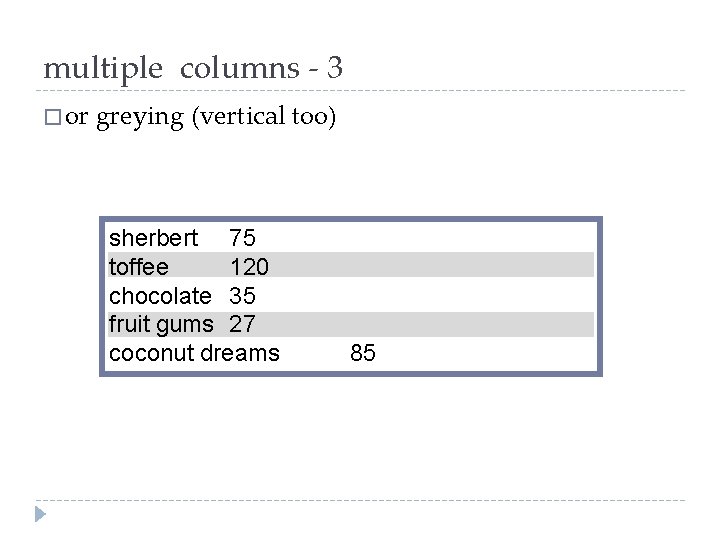 multiple columns - 3 � or greying (vertical too) sherbert 75 toffee 120 chocolate