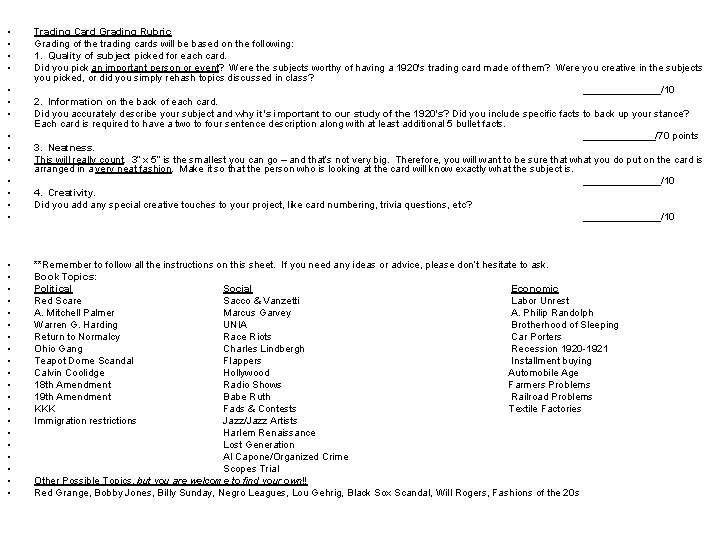  • • Trading Card Grading Rubric Grading of the trading cards will be