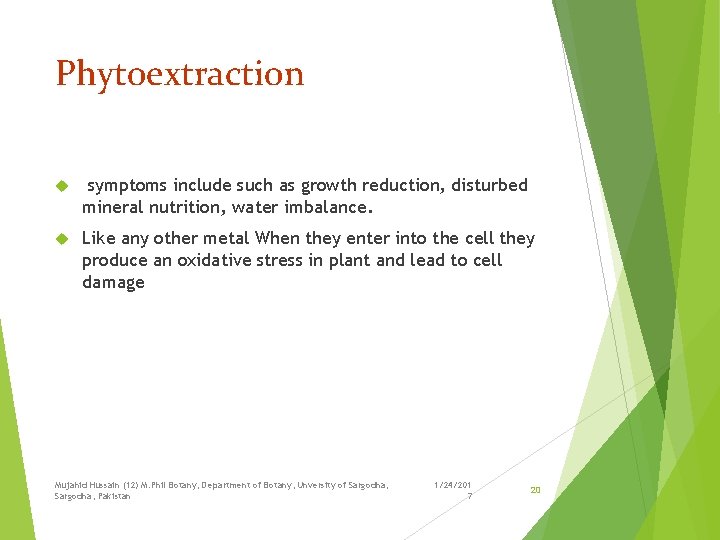 Phytoextraction symptoms include such as growth reduction, disturbed mineral nutrition, water imbalance. Like any