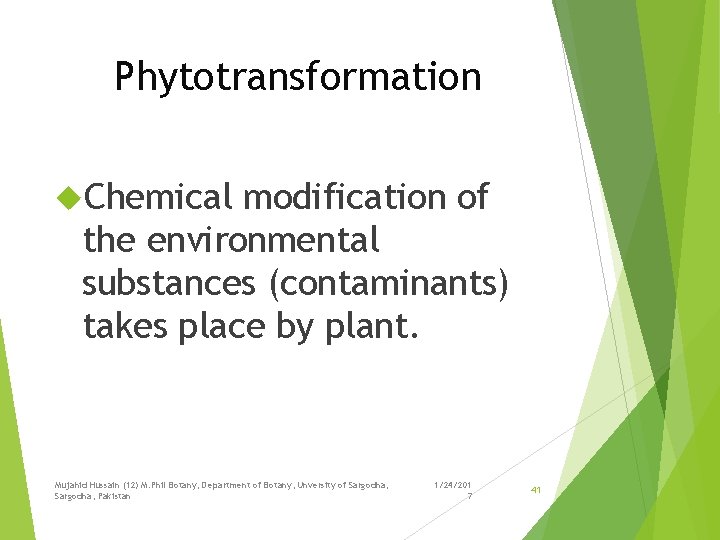 Phytotransformation Chemical modification of the environmental substances (contaminants) takes place by plant. Mujahid Hussain