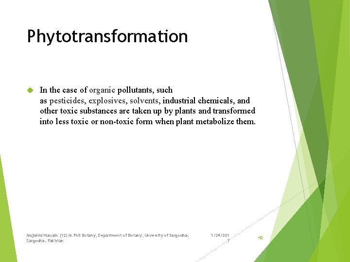 Phytotransformation In the case of organic pollutants, such as pesticides, explosives, solvents, industrial chemicals,