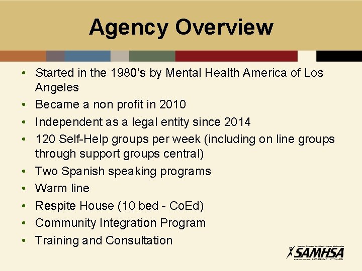 Agency Overview • Started in the 1980’s by Mental Health America of Los Angeles