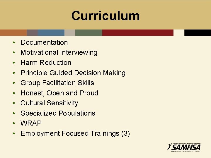 Curriculum • • • Documentation Motivational Interviewing Harm Reduction Principle Guided Decision Making Group