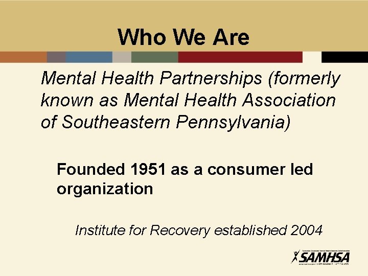 Who We Are Mental Health Partnerships (formerly known as Mental Health Association of Southeastern