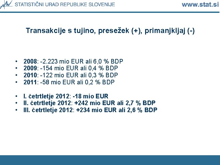 Transakcije s tujino, presežek (+), primanjkljaj (-) • • 2008: -2. 223 mio EUR