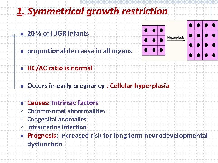 1. Symmetrical growth restriction n 20 % of IUGR Infants n proportional decrease in