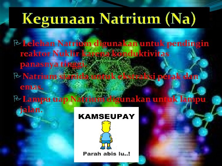Kegunaan Natrium (Na) Lelehan Natrium digunakan untuk pendingin reaktor Nuklir karena konduktivitas panasnya tinggi.