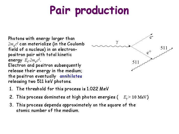 Pair production Photons with energy larger than 2 mec 2 can materialize (in the