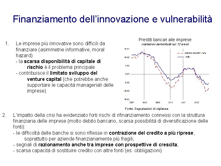 Finanziamento dell’innovazione e vulnerabilità 1. Le imprese più innovative sono difficili da finanziare (asimmetrie