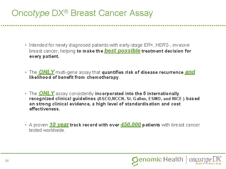 Oncotype DX® Breast Cancer Assay • Intended for newly diagnosed patients with early-stage ER+,