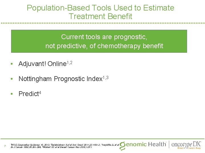 Population-Based Tools Used to Estimate Treatment Benefit Current tools are prognostic, not predictive, of