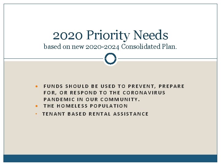 2020 Priority Needs based on new 2020 -2024 Consolidated Plan. FUNDS SHOULD BE USED