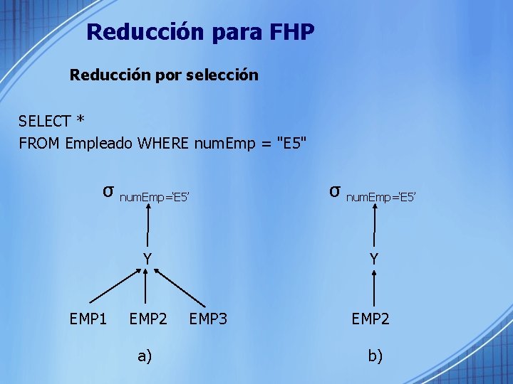 Reducción para FHP Reducción por selección SELECT * FROM Empleado WHERE num. Emp =