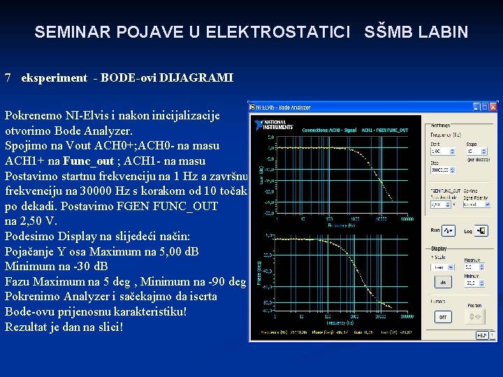 SEMINAR POJAVE U ELEKTROSTATICI SŠMB LABIN 7 eksperiment - BODE-ovi DIJAGRAMI Pokrenemo NI-Elvis i