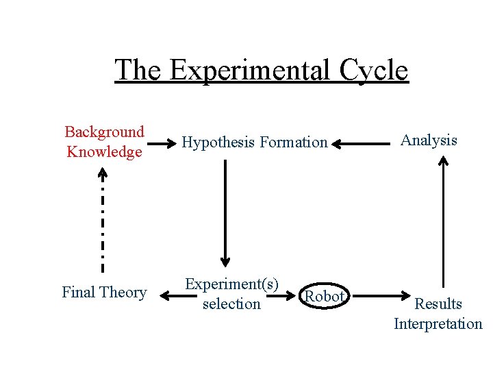 The Experimental Cycle Background Knowledge Hypothesis Formation Final Theory Experiment(s) selection Robot Analysis Results