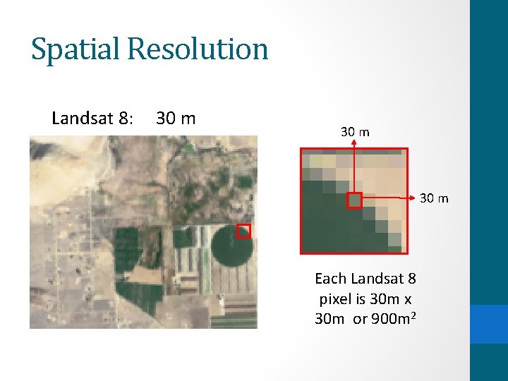 Spatial Resolution Landsat 8: 30 m Each Landsat 8 pixel is 30 m x
