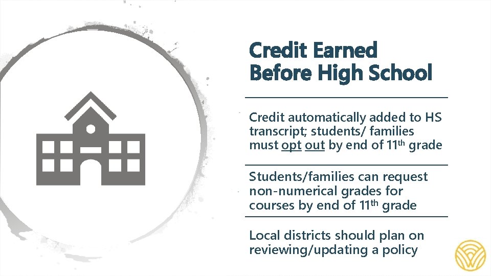Credit Earned Before High School Credit automatically added to HS transcript; students/ families must