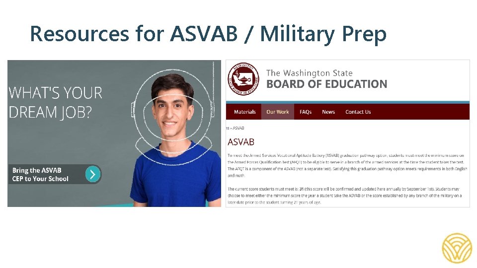 Resources for ASVAB / Military Prep https: //www. asvabprogram. com/ https: //www. todaysmilitary. com/how-to-join/asvabtest?