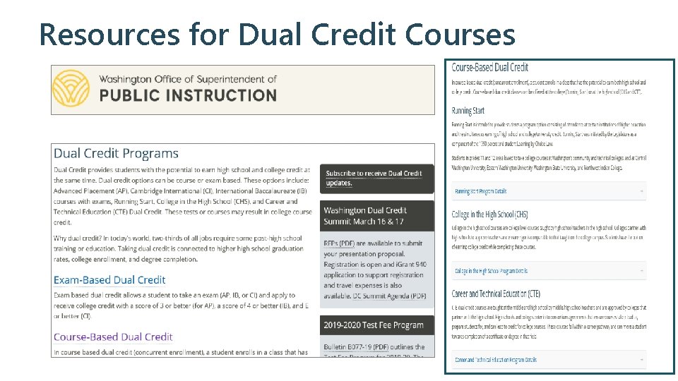 Resources for Dual Credit Courses https: //www. k 12. wa. us/student-success/support-programs/dual-credit-programs | STATE BOARD