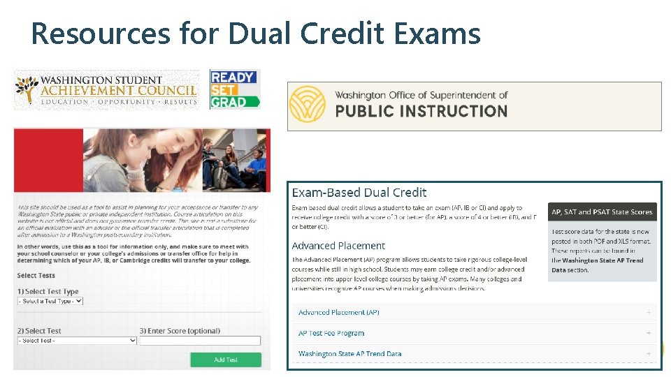 Resources for Dual Credit Exams https: //readysetgrad. wa. gov/rsg_cred_wiz/form https: //www. k 12. wa.