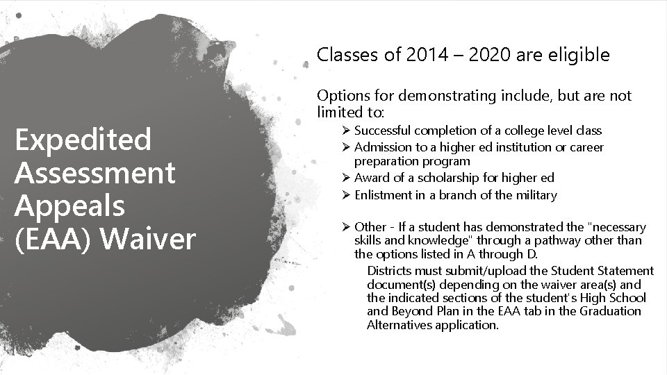 Classes of 2014 – 2020 are eligible Options for demonstrating include, but are not