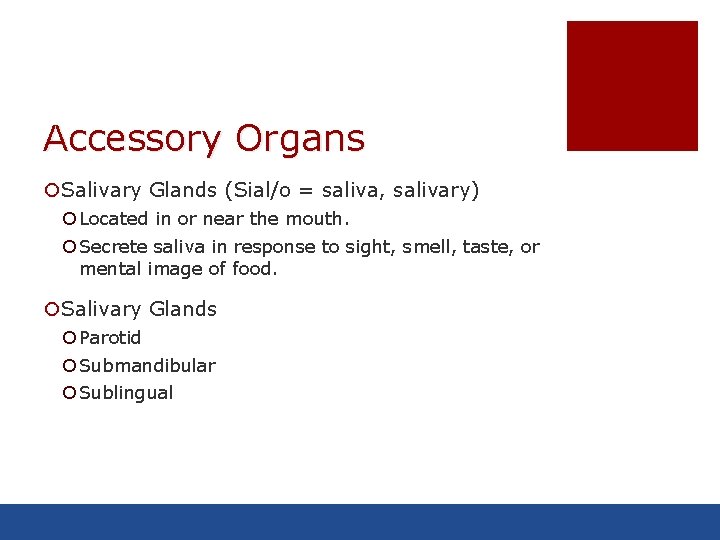 Accessory Organs ¡Salivary Glands (Sial/o = saliva, salivary) ¡ Located in or near the