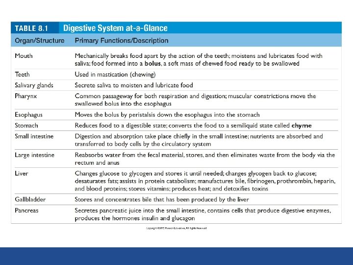 TABLE 8. 1 Digestive System at-a-Glance 