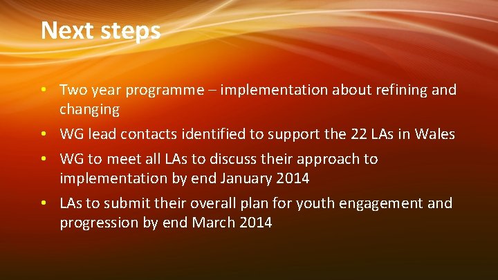 Next steps • Two year programme – implementation about refining and changing • WG