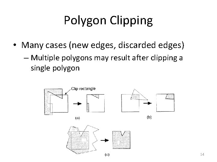 Polygon Clipping • Many cases (new edges, discarded edges) – Multiple polygons may result