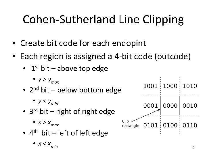 Cohen-Sutherland Line Clipping • Create bit code for each endopint • Each region is
